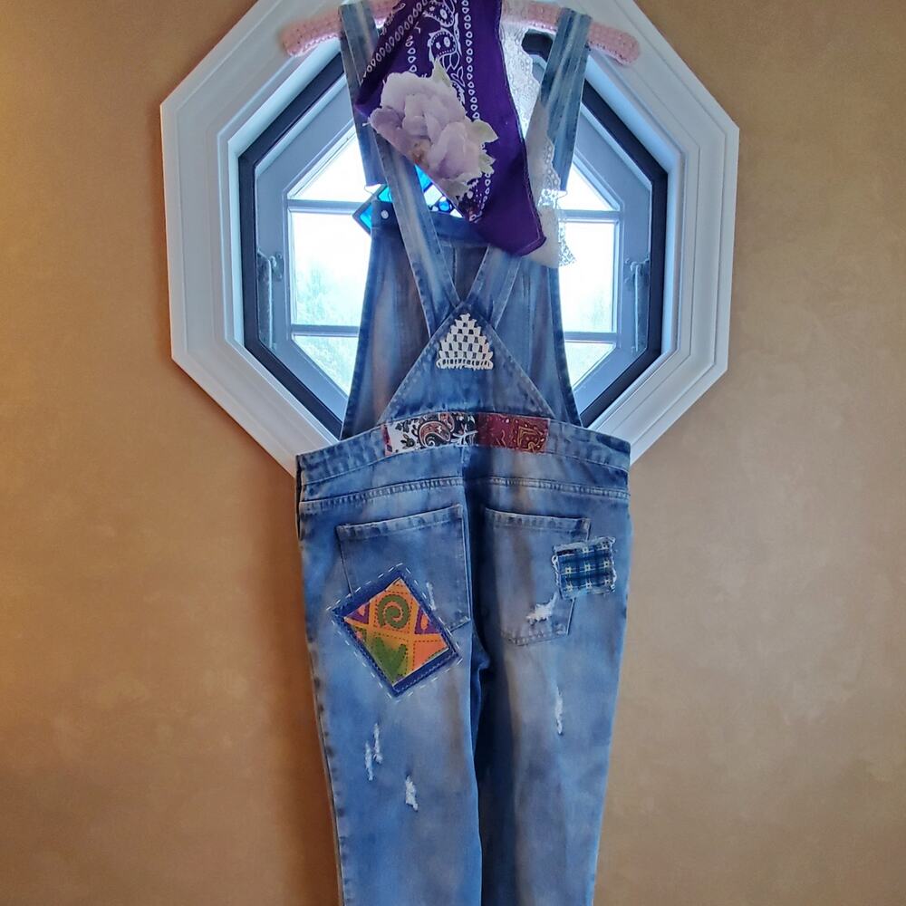 Refashioned Upcycled Patched and Distressed Boho‎ Overalls Handmade SzMed - Picture 6 of 13